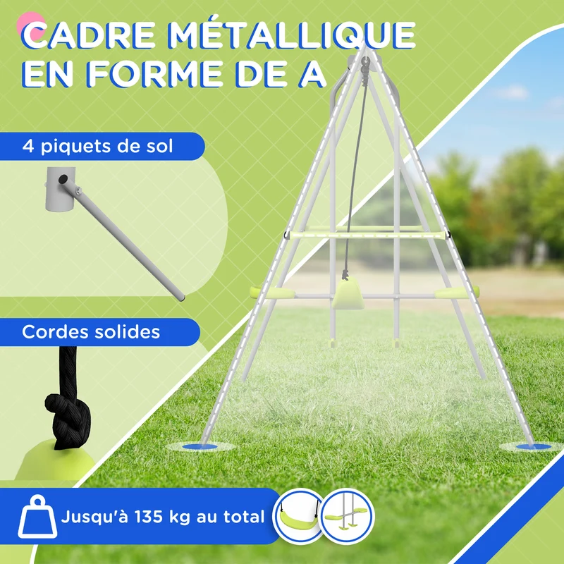 Balançoire portique jardin 255 x 160 x 180 cm capacité 135 kg résistante aux intempéries moderne design en métal vert 21_0000375
