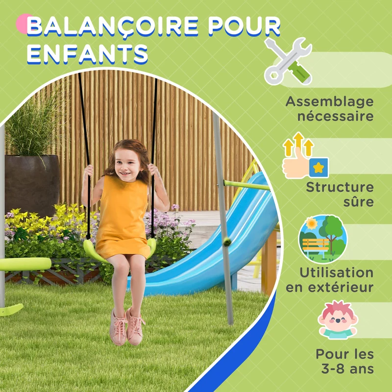 Balançoire portique jardin 255 x 160 x 180 cm capacité 135 kg résistante aux intempéries moderne design en métal vert 21_0000375