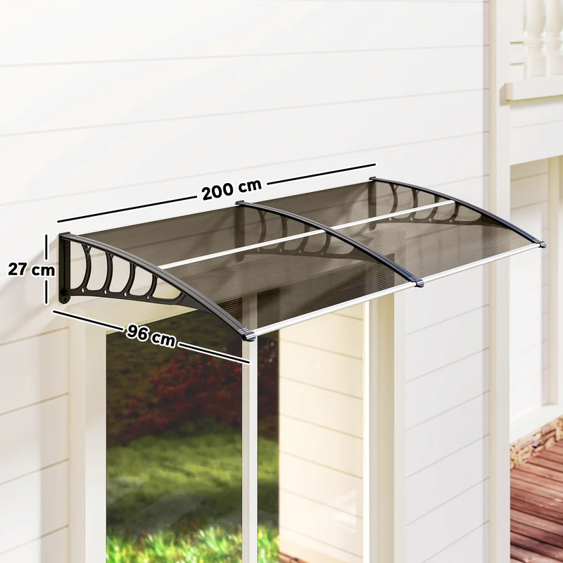 Auvent de porte incurvé 200 x 96 x 27 cm protège pluie uv neige montage facile moderne épuré en polycarbonate marron 21_0007104