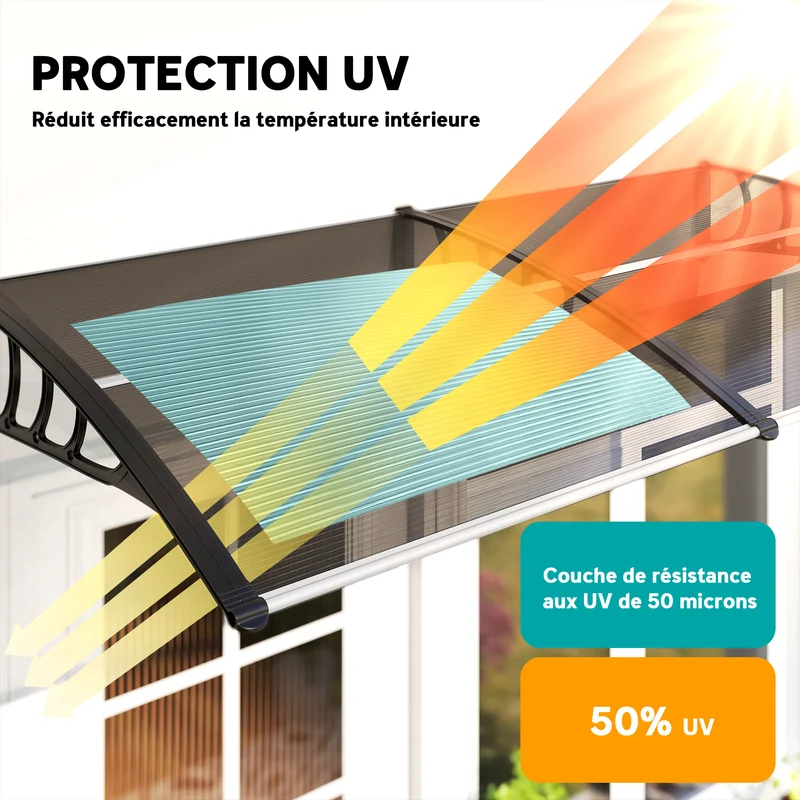 Auvent de porte incurvé 200 x 96 x 27 cm protège pluie uv neige montage facile moderne épuré en polycarbonate marron 21_0007104