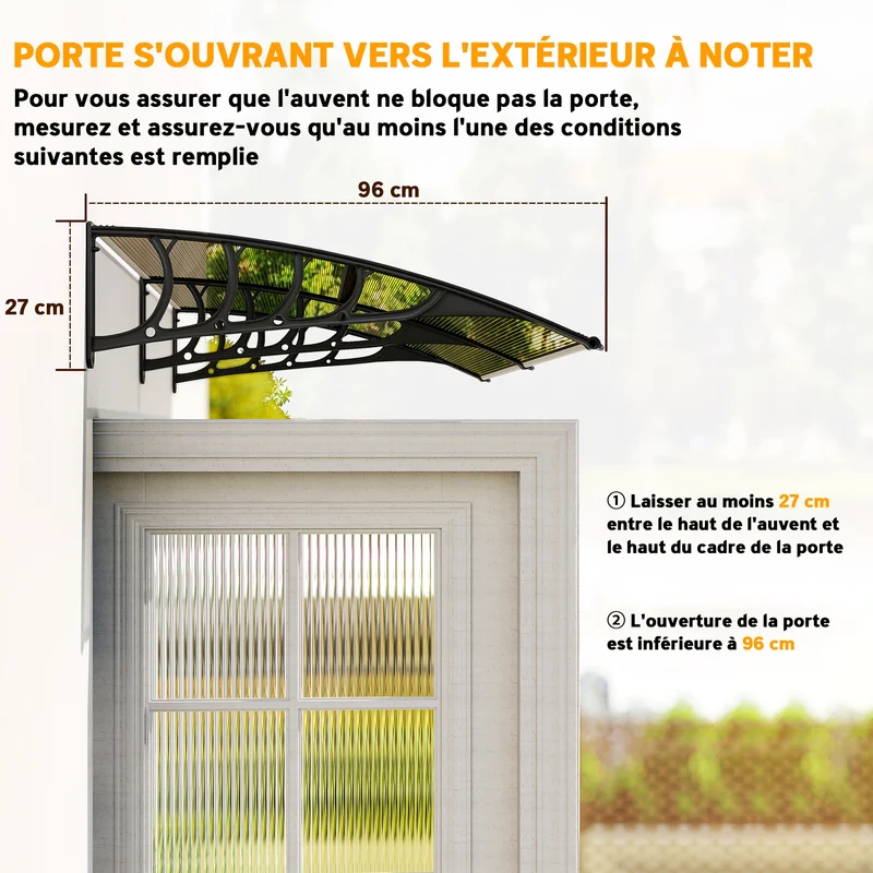 Auvent de porte incurvé 200 x 96 x 27 cm protège pluie uv neige montage facile moderne épuré en polycarbonate marron 21_0007104