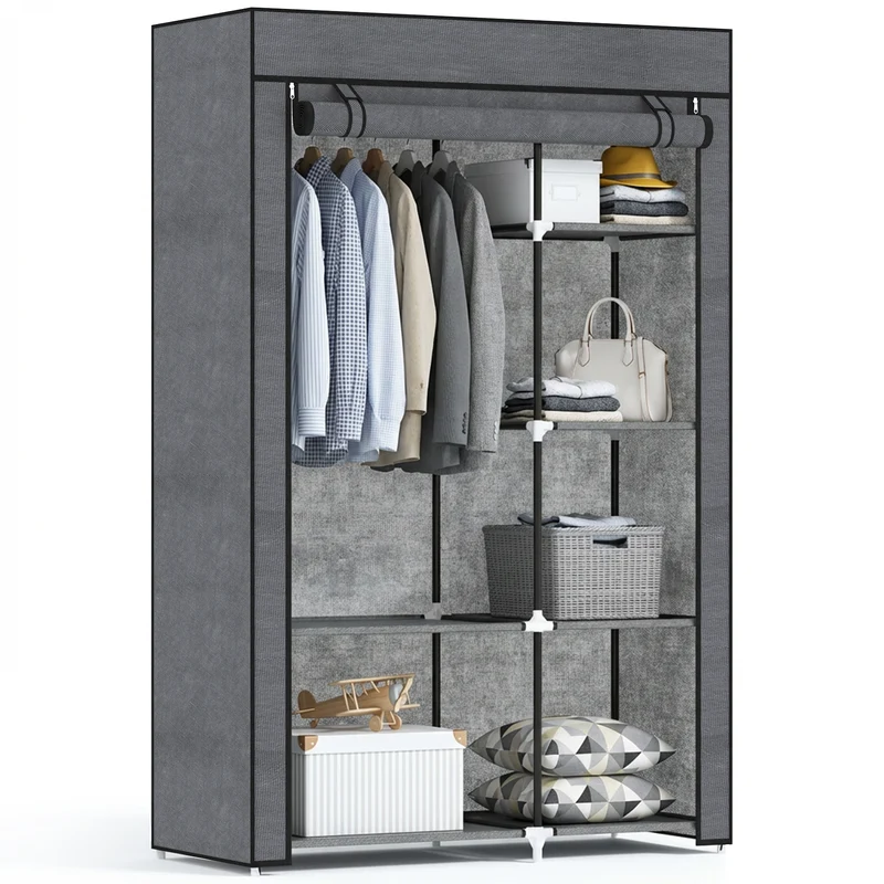Armoire penderie chambre 103 x 43 x 162 cm 6 étagères 1 barre style minimaliste contemporain en non tissé gris foncé 21_0005822