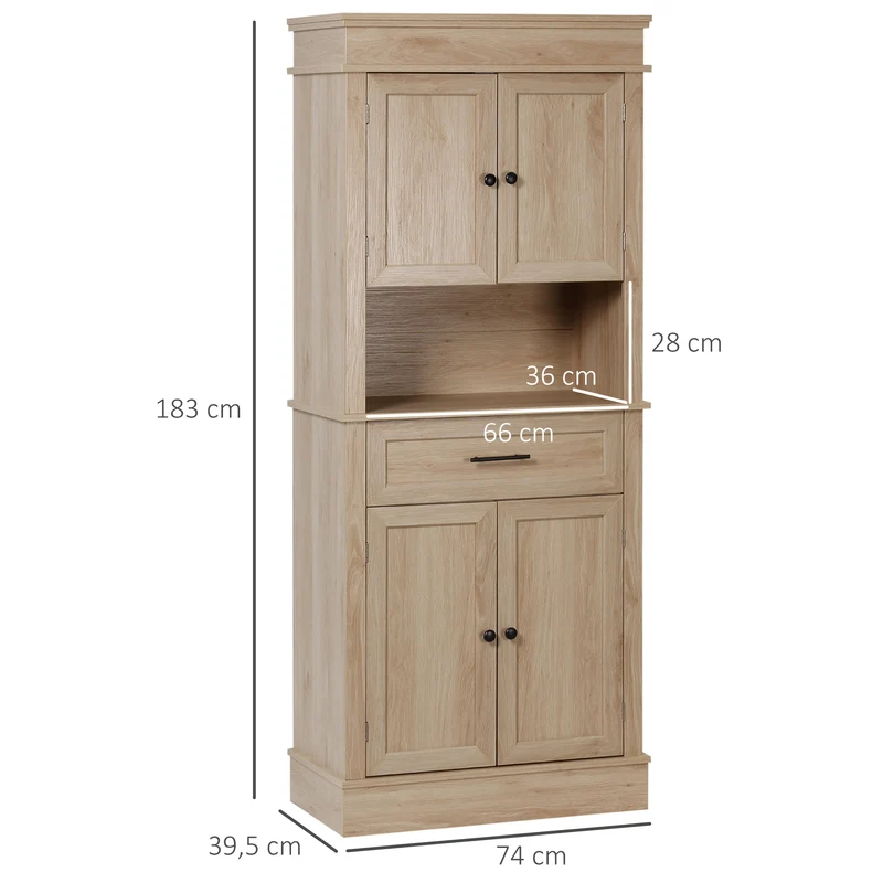 Armoire buffet cuisine 74 x 39,5 x 183 cm étagères réglables tiroir niche compacte style classique en MDF chêne clair 21_0002193