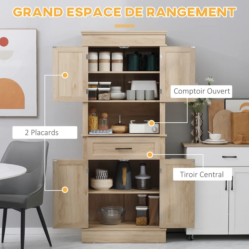 Armoire buffet cuisine 74 x 39,5 x 183 cm étagères réglables tiroir niche compacte style classique en MDF chêne clair 21_0002193