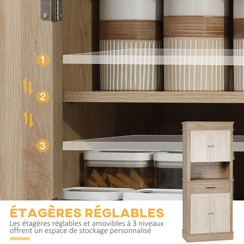 Armoire buffet cuisine 74 x 39,5 x 183 cm étagères réglables tiroir niche compacte style classique en MDF chêne clair 21_0002193
