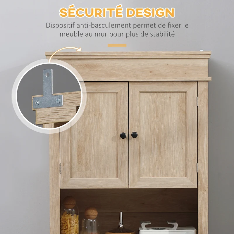 Armoire buffet cuisine 74 x 39,5 x 183 cm étagères réglables tiroir niche compacte style classique en MDF chêne clair 21_0002193