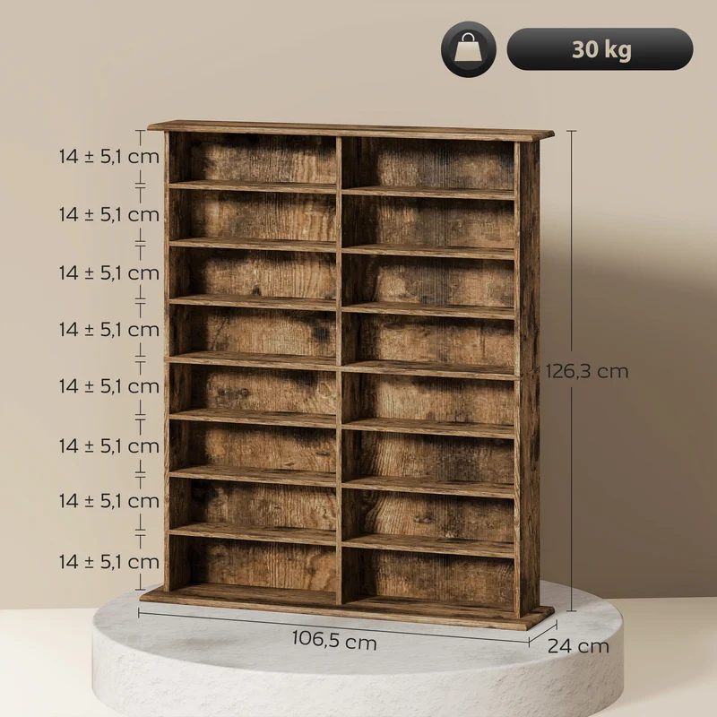 Étagère cd dvd 106.5 x 24 x 126.3 cm capacité 720 profondeur réduite rustique vintage en panneau de particules marron 21_0002516
