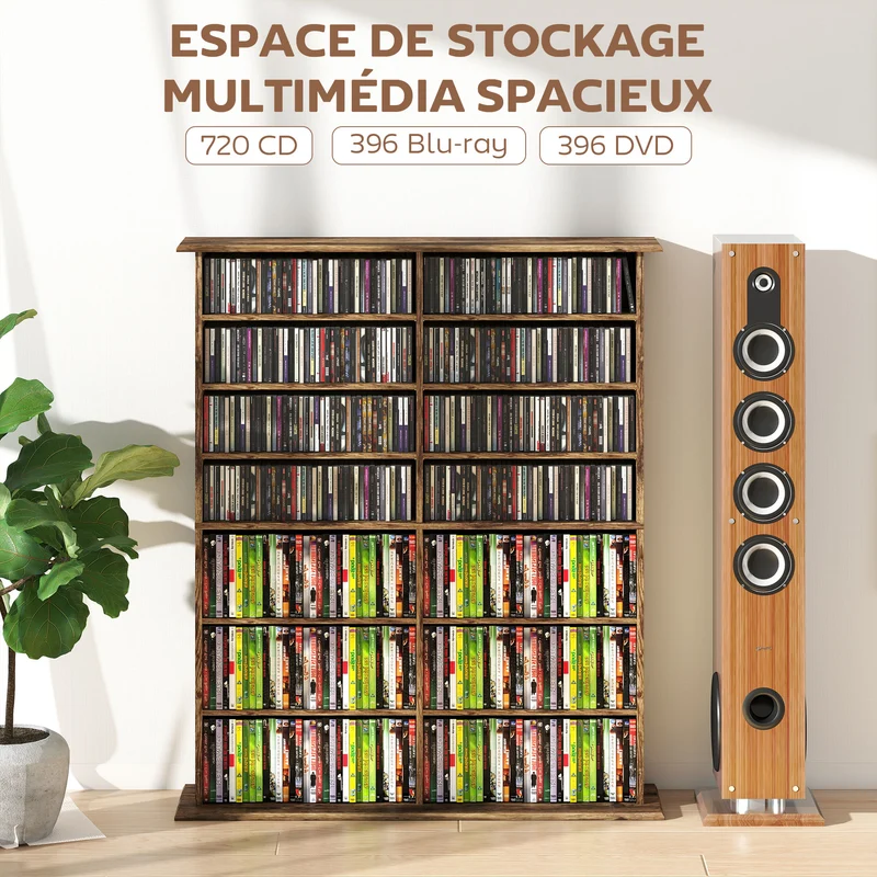 Étagère cd dvd 106.5 x 24 x 126.3 cm capacité 720 profondeur réduite rustique vintage en panneau de particules marron 21_0002516