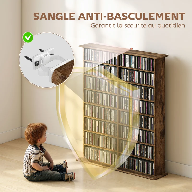 Étagère cd dvd 106.5 x 24 x 126.3 cm capacité 720 profondeur réduite rustique vintage en panneau de particules marron 21_0002516