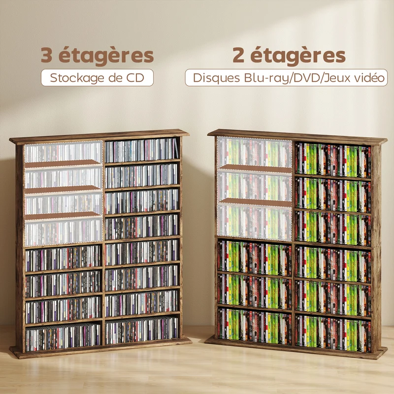 Étagère cd dvd 106.5 x 24 x 126.3 cm capacité 720 profondeur réduite rustique vintage en panneau de particules marron 21_0002516
