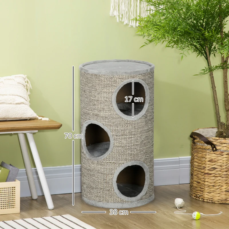 Tonneau à griffer pour chat 38 x 38 x 70 cm griffoir 3 niveaux pour chats moins de 5 kg décoratif douillet en sisal gris 21_0007672