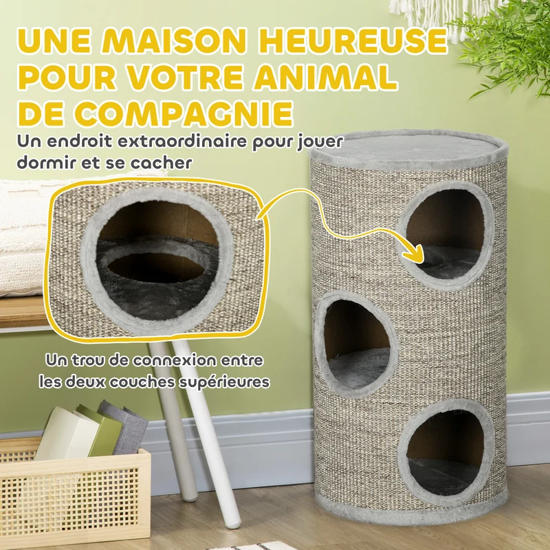 Tonneau à griffer pour chat 38 x 38 x 70 cm griffoir 3 niveaux pour chats moins de 5 kg décoratif douillet en sisal gris 21_0007672