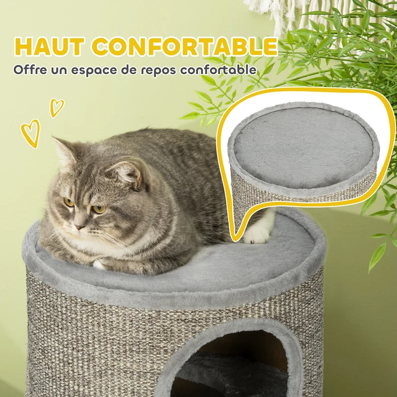Tonneau à griffer pour chat 38 x 38 x 70 cm griffoir 3 niveaux pour chats moins de 5 kg décoratif douillet en sisal gris 21_0007672