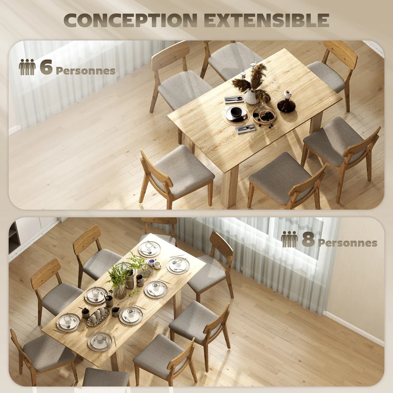 Table à manger extensible 140 x 80 x 75 cm 6-8 places rallonges intégrées convivial design moderne en MDF bois naturel 21_0003314