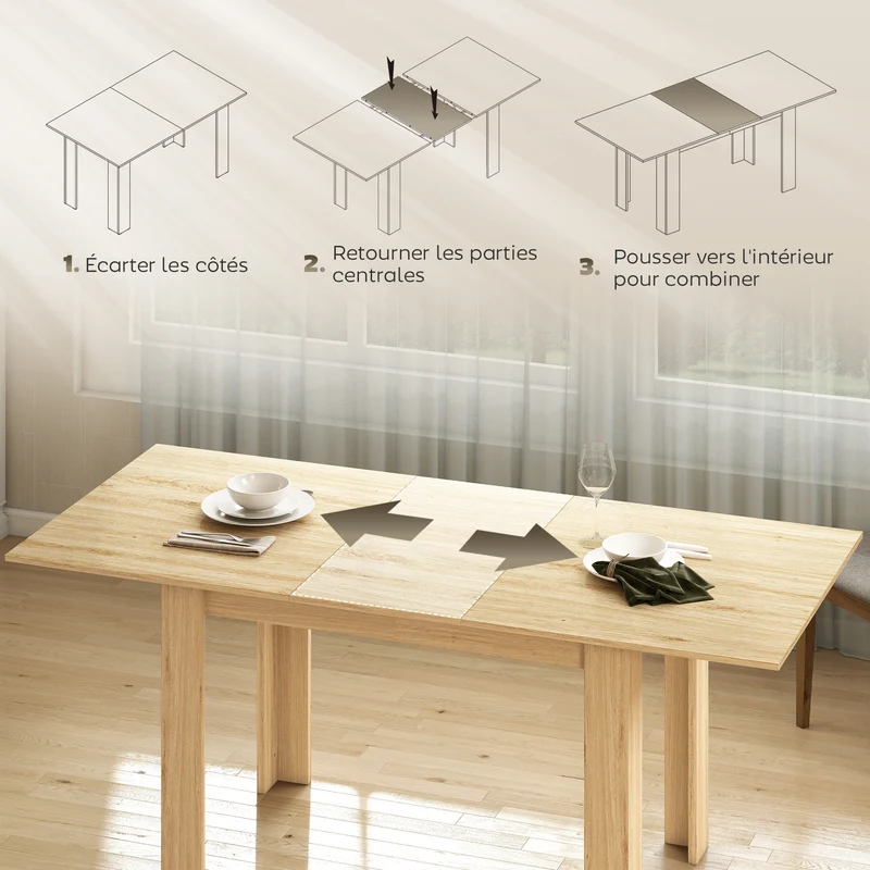 Table à manger extensible 140 x 80 x 75 cm 6-8 places rallonges intégrées convivial design moderne en MDF bois naturel 21_0003314