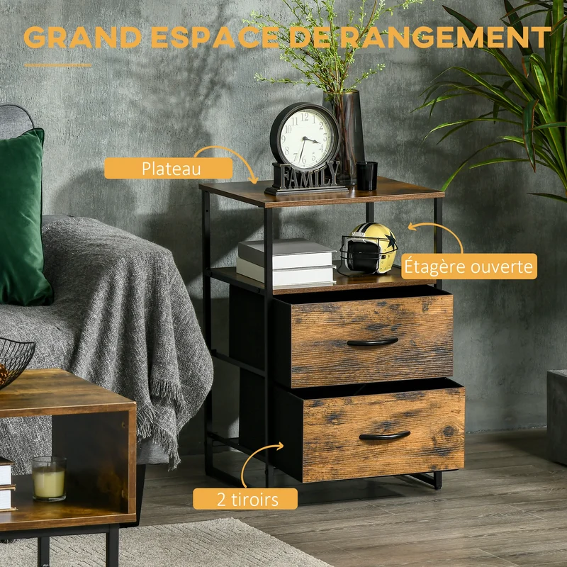 Table de chevet table d'appoint 45 x 40 x 70,5 cm 2 tiroirs pliables rangement pratique style industriel en MDF marron 21_0002884