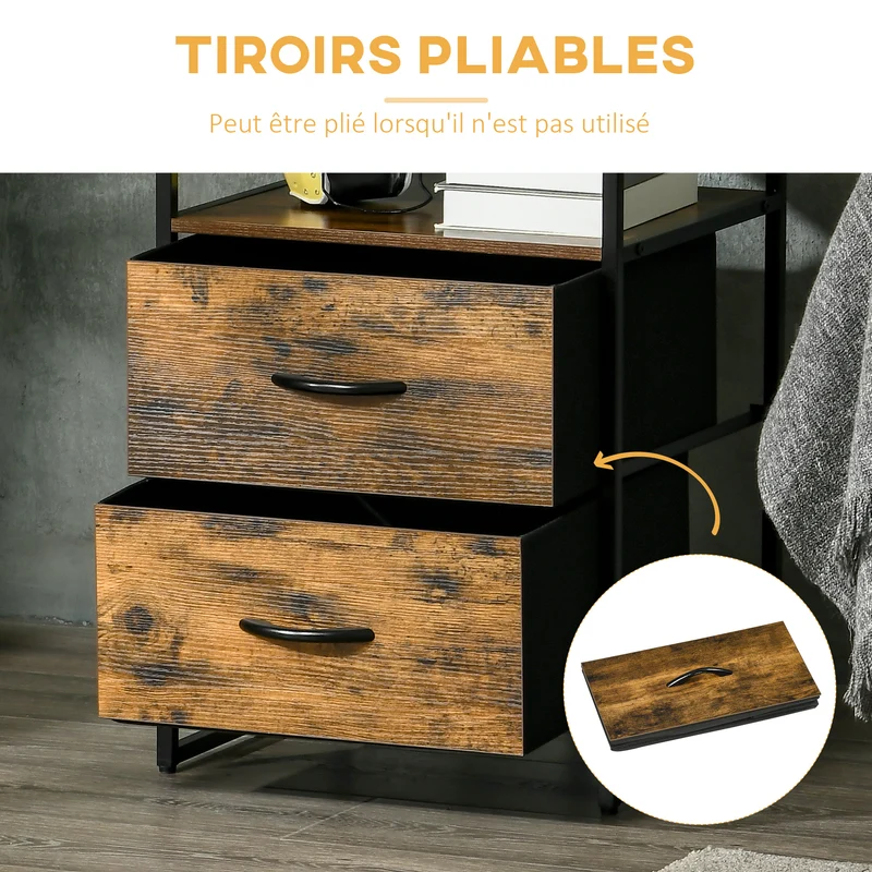 Table de chevet table d'appoint 45 x 40 x 70,5 cm 2 tiroirs pliables rangement pratique style industriel en MDF marron 21_0002884