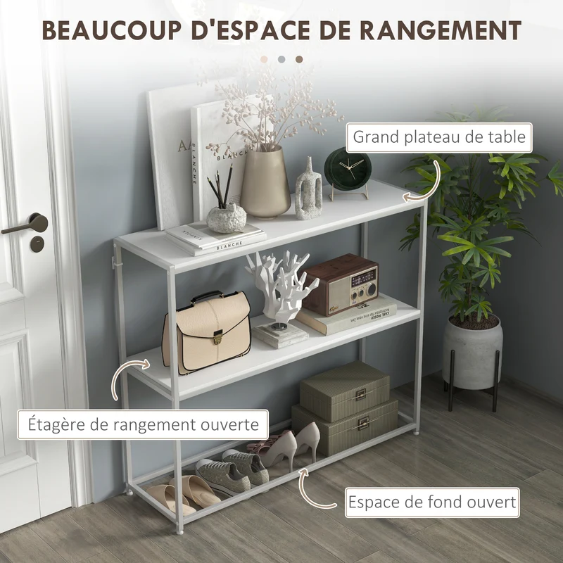 Table console entrée 100 x 30 x 87 cm grand rangement finition mate design minimaliste en panneau de particules blanc 21_0002706