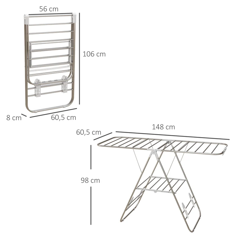 Séchoir à linge sur pieds pliable 148 x 60,5 x 98 cm ailes réglables antidérapant contemporain épuré en acier argent 21_0005779