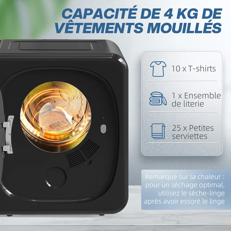 Sèche linge à évacuation charge frontale 48 x 40 x 56 cm 5 modes arrêt automatique moderne épuré en acier inoxydable noir 21_0007094