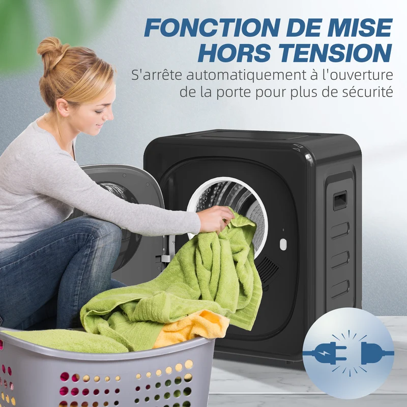 Sèche linge à évacuation charge frontale 48 x 40 x 56 cm 5 modes arrêt automatique moderne épuré en acier inoxydable noir 21_0007094