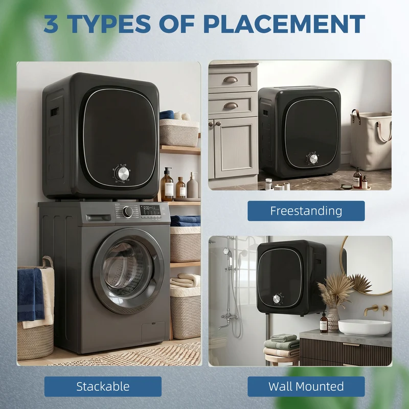 Sèche linge à évacuation charge frontale 48 x 40 x 56 cm 5 modes arrêt automatique moderne épuré en acier inoxydable noir 21_0007094