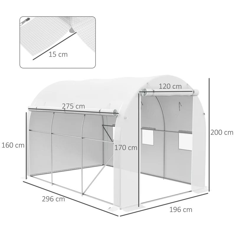 Serre tunnel jardin 296 x 196 x 200 cm protection intempéries oiseaux portes zippées contemporain en polyéthylène blanc 21_0005408