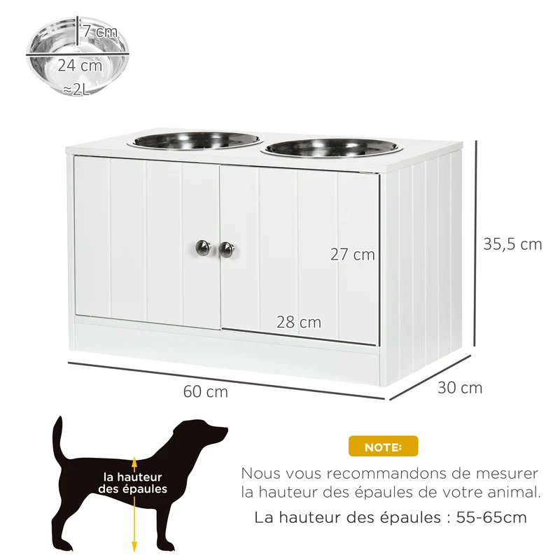 Porte-gamelles surélevé double pour chien 60 x 30 x 35.5 cm améliore posture rangement intégré moderne en MDF blanc 21_0007538