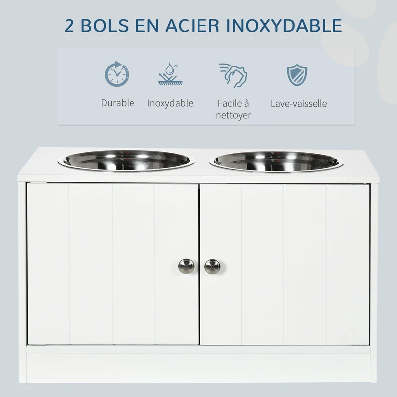 Porte-gamelles surélevé double pour chien 60 x 30 x 35.5 cm améliore posture rangement intégré moderne en MDF blanc 21_0007538