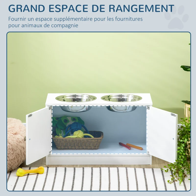 Porte-gamelles surélevé double pour chien 60 x 30 x 35.5 cm améliore posture rangement intégré moderne en MDF blanc 21_0007538