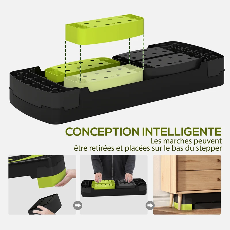 Plateforme d'aérobic compacte domestique 80 x 31 x 20 cm hauteur réglable antidérapant moderne finition mate en PP noir 21_0006679