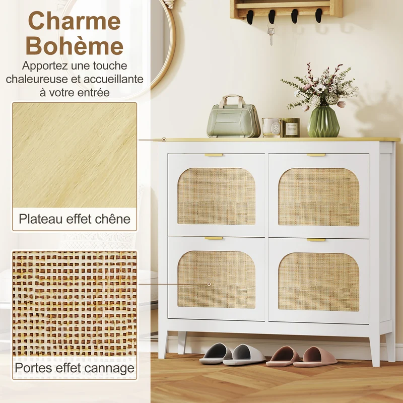 Meuble à chaussures entrée 105 x 24 x 95,5 cm gain de place rangement réglable bohème en panneau de particules blanc 21_0002769