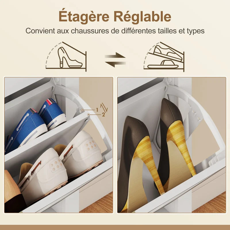 Meuble à chaussures entrée 105 x 24 x 95,5 cm gain de place rangement réglable bohème en panneau de particules blanc 21_0002769