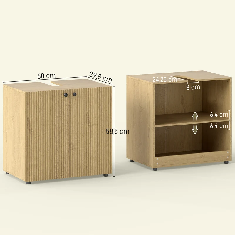 Meuble sous lavabo 60 x 39,8 x 58,5 cm découpe en U étagère réglable fermeture douce scandinave en MDF bois naturel 21_0002123