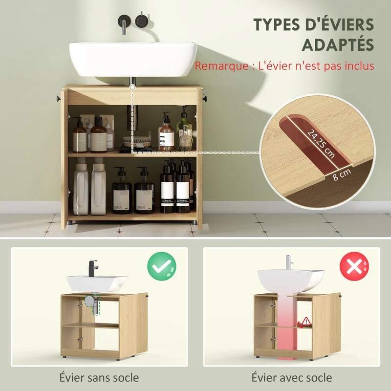 Meuble sous lavabo 60 x 39,8 x 58,5 cm découpe en U étagère réglable fermeture douce scandinave en MDF bois naturel 21_0002123