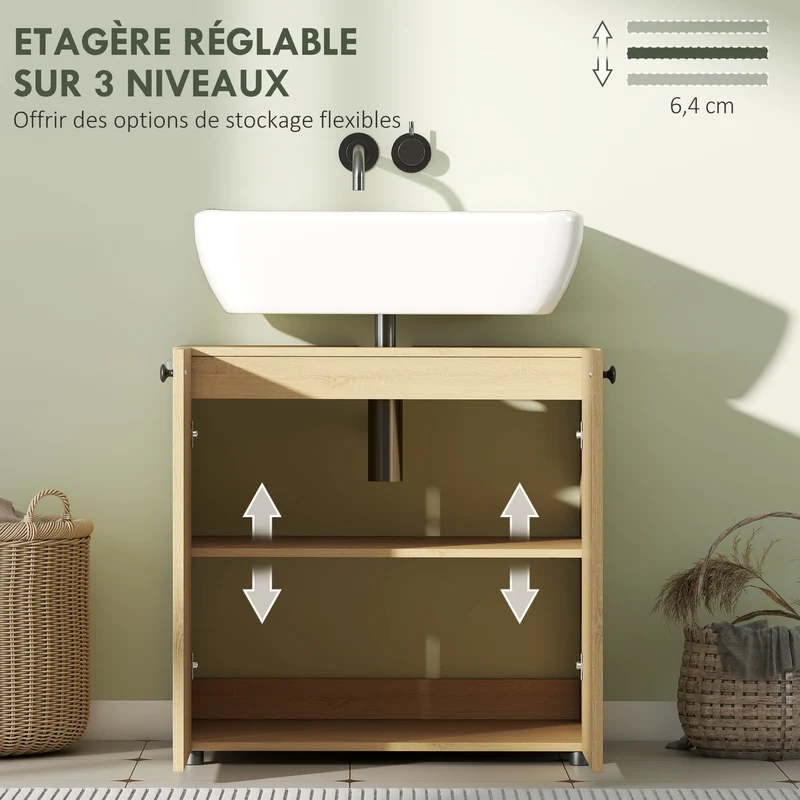 Meuble sous lavabo 60 x 39,8 x 58,5 cm découpe en U étagère réglable fermeture douce scandinave en MDF bois naturel 21_0002123