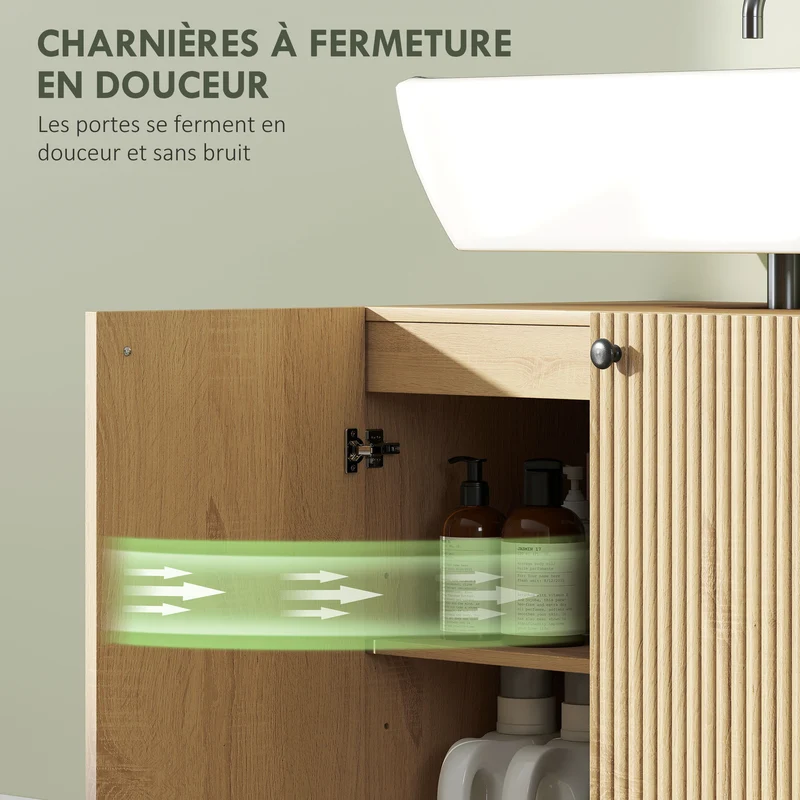 Meuble sous lavabo 60 x 39,8 x 58,5 cm découpe en U étagère réglable fermeture douce scandinave en MDF bois naturel 21_0002123
