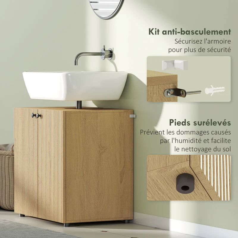 Meuble sous lavabo 60 x 39,8 x 58,5 cm découpe en U étagère réglable fermeture douce scandinave en MDF bois naturel 21_0002123