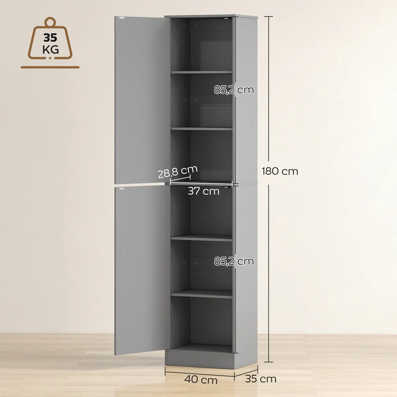 Meuble colonne de salle de bain 40 x 35 x 180 cm gain de place étagères réglables moderne épuré finition mate en MDF gris 21_0002523
