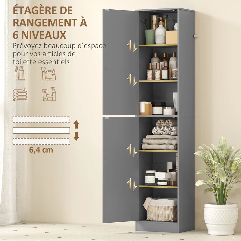 Meuble colonne de salle de bain 40 x 35 x 180 cm gain de place étagères réglables moderne épuré finition mate en MDF gris 21_0002523