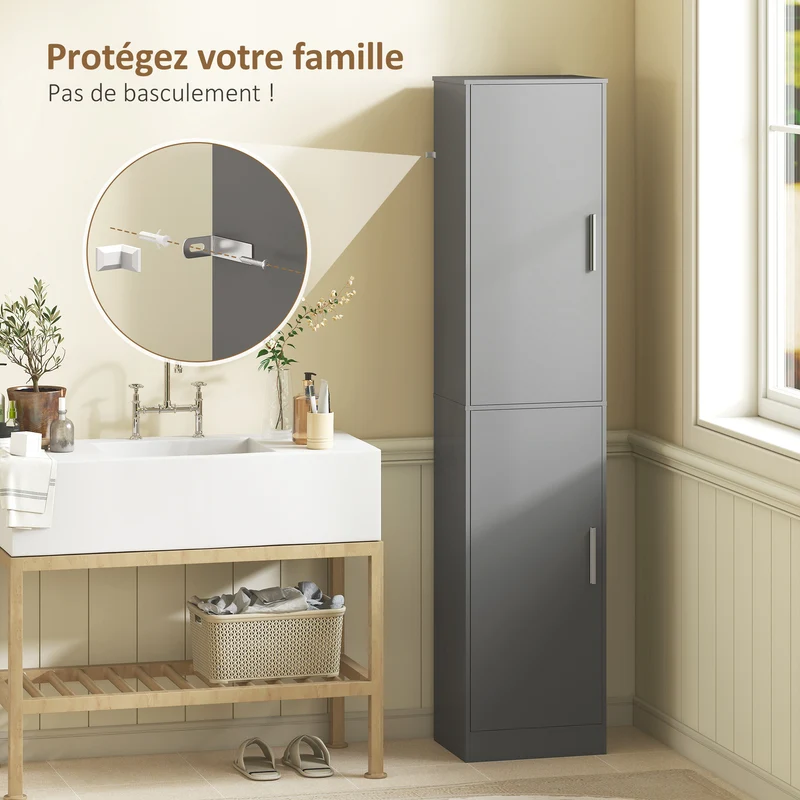 Meuble colonne de salle de bain 40 x 35 x 180 cm gain de place étagères réglables moderne épuré finition mate en MDF gris 21_0002523