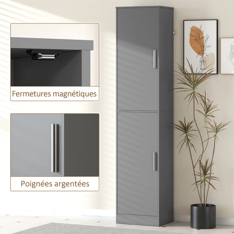 Meuble colonne de salle de bain 40 x 35 x 180 cm gain de place étagères réglables moderne épuré finition mate en MDF gris 21_0002523