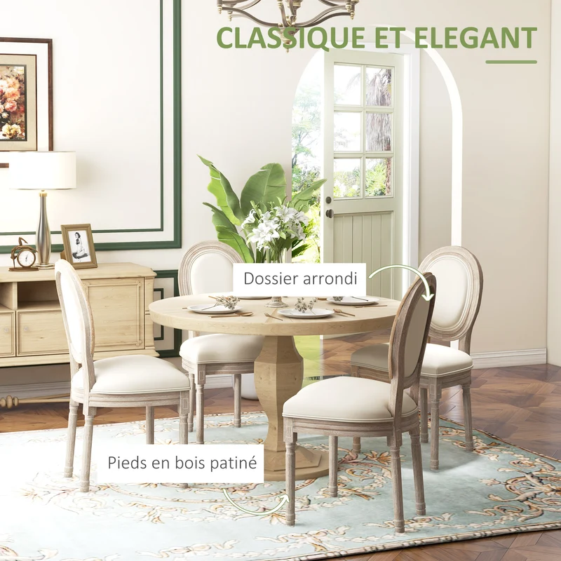 Lot de 4 chaises médaillon salle à manger 49 x 56 x 96 cm dossier ergonomique assise rembourrée classique en bois beige 21_0002365