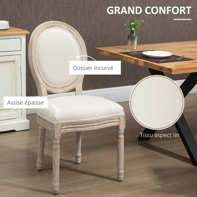Lot de 4 chaises médaillon salle à manger 49 x 56 x 96 cm dossier ergonomique assise rembourrée classique en bois beige 21_0002365