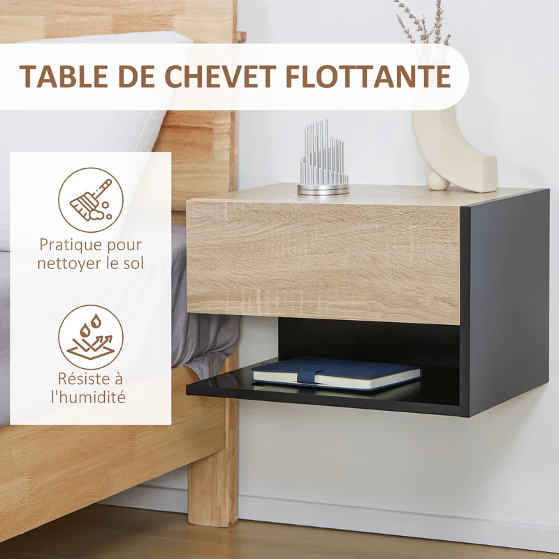 Lot de 2 tables de chevet murales flottantes 46 x 30 x 30 cm tiroir coulissant design en panneaux de particules noir 21_0001460