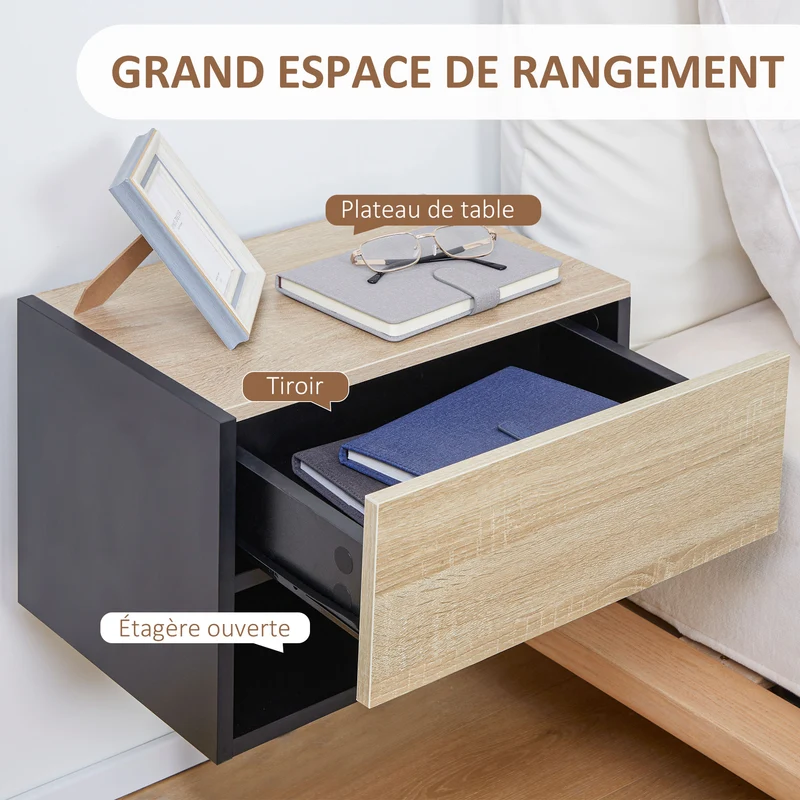 Lot de 2 tables de chevet murales flottantes 46 x 30 x 30 cm tiroir coulissant design en panneaux de particules noir 21_0001460