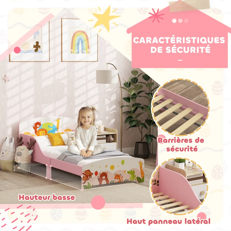 Lit enfant au sol motif animal 143 x 77 x 60 cm sommier à lattes barrières sécurisées accès bas scandinave en MDF rose 21_0000251