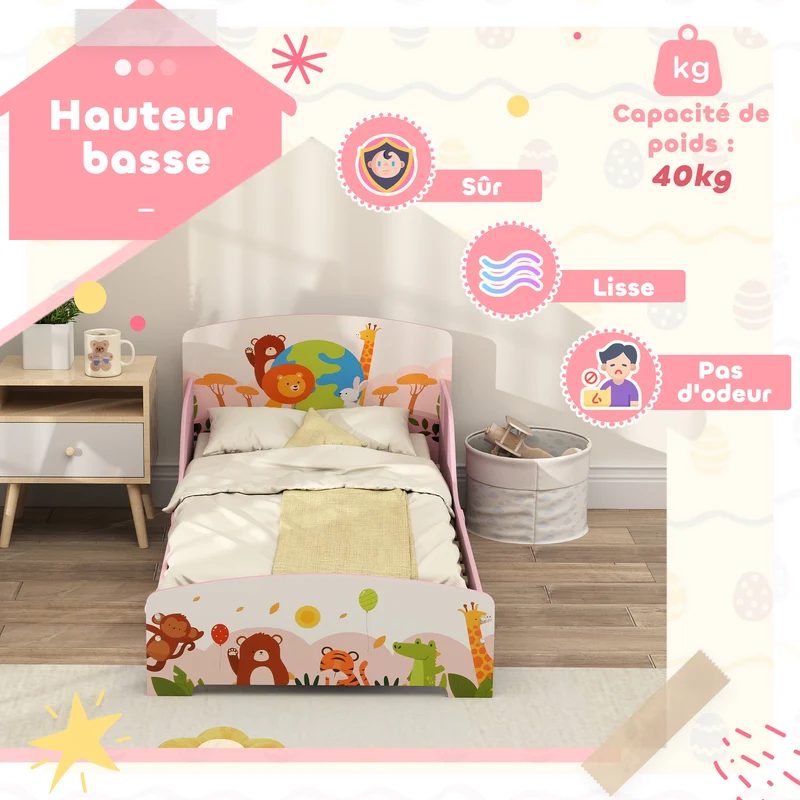 Lit enfant au sol motif animal 143 x 77 x 60 cm sommier à lattes barrières sécurisées accès bas scandinave en MDF rose 21_0000251