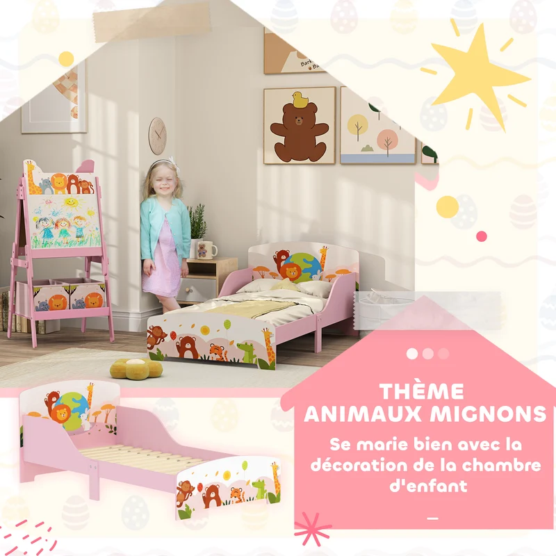 Lit enfant au sol motif animal 143 x 77 x 60 cm sommier à lattes barrières sécurisées accès bas scandinave en MDF rose 21_0000251