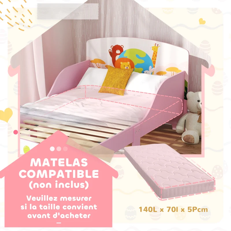 Lit enfant au sol motif animal 143 x 77 x 60 cm sommier à lattes barrières sécurisées accès bas scandinave en MDF rose 21_0000251